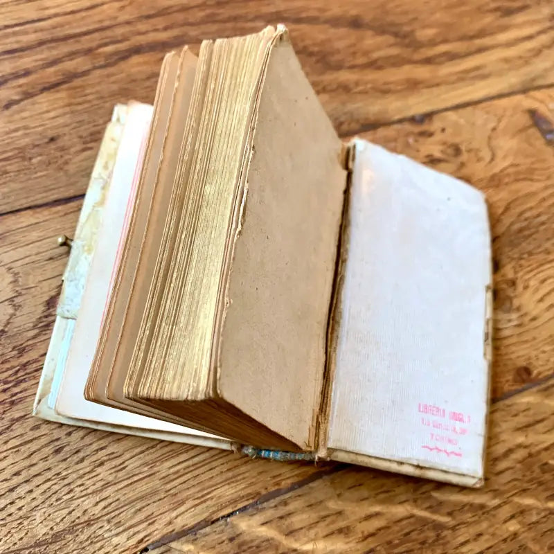 Libro aperto con bordi delle pagine dorati su una superficie di legno.