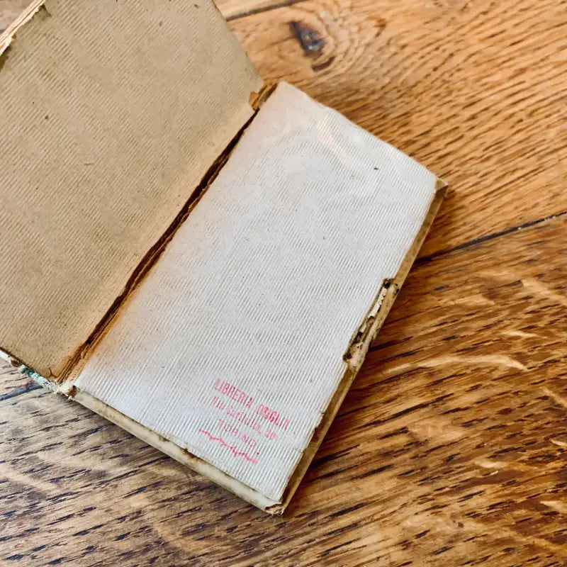 Libro vecchio e usurato con copertina in tessuto aperta per rivelare le pagine.