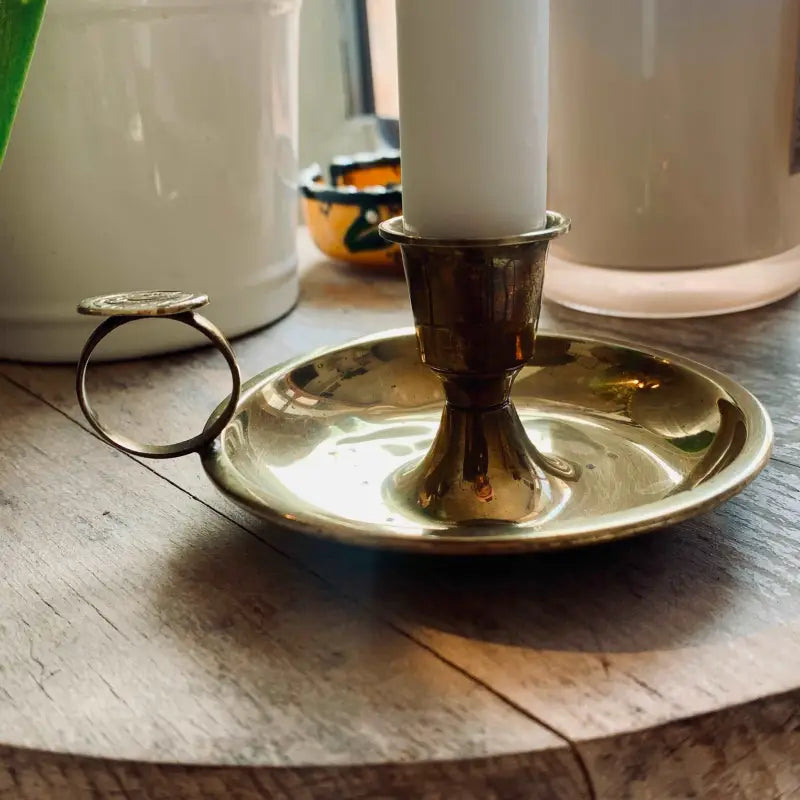 Portacandele vintage in ottone con manico e piattino - 1950 - Portacandele