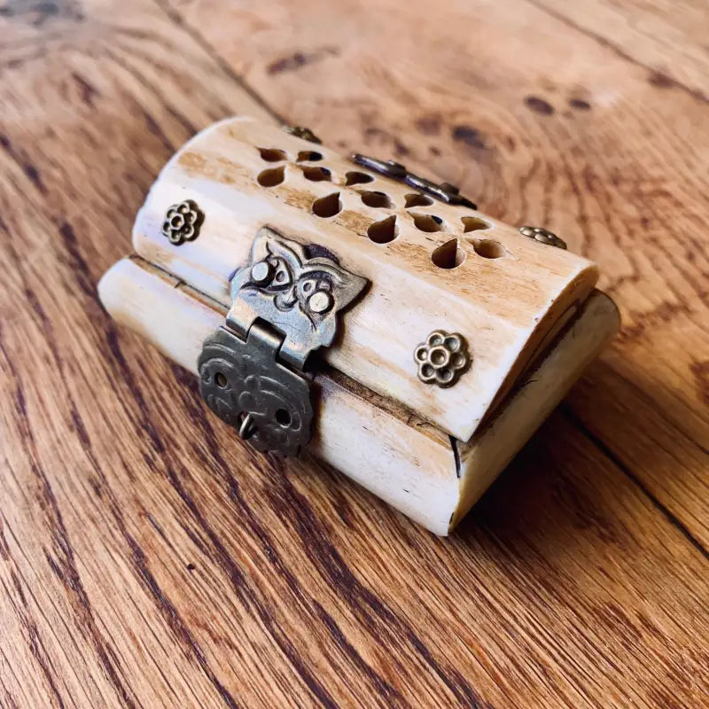Piccola scatola in legno con chiusura decorativa in metallo e coperchio perforato.