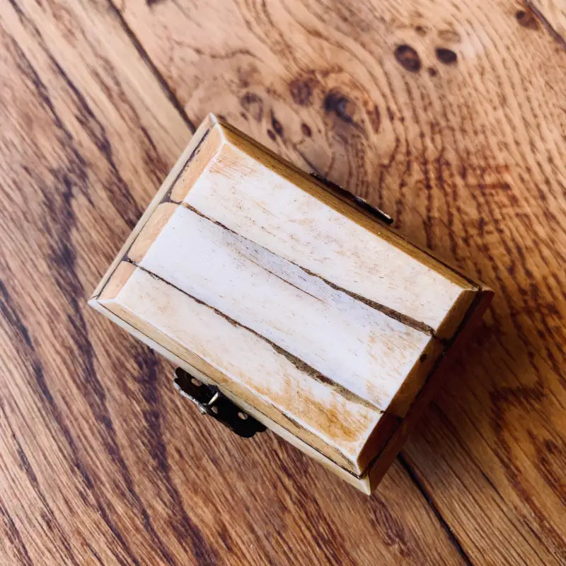 Piccola scatola o cassetta di legno con coperchio incernierato.