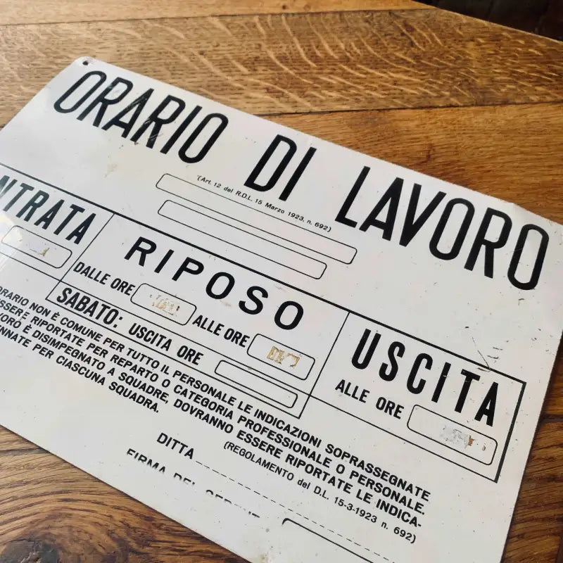 Tabella vintage in metallo ’Orario di lavoro’ - Italia 1980 - Targhe e Insegne