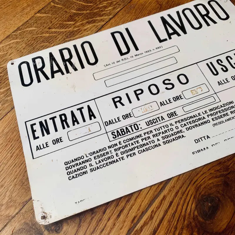 Tabella vintage in metallo ’Orario di lavoro’ - Italia 1980 - Targhe e Insegne