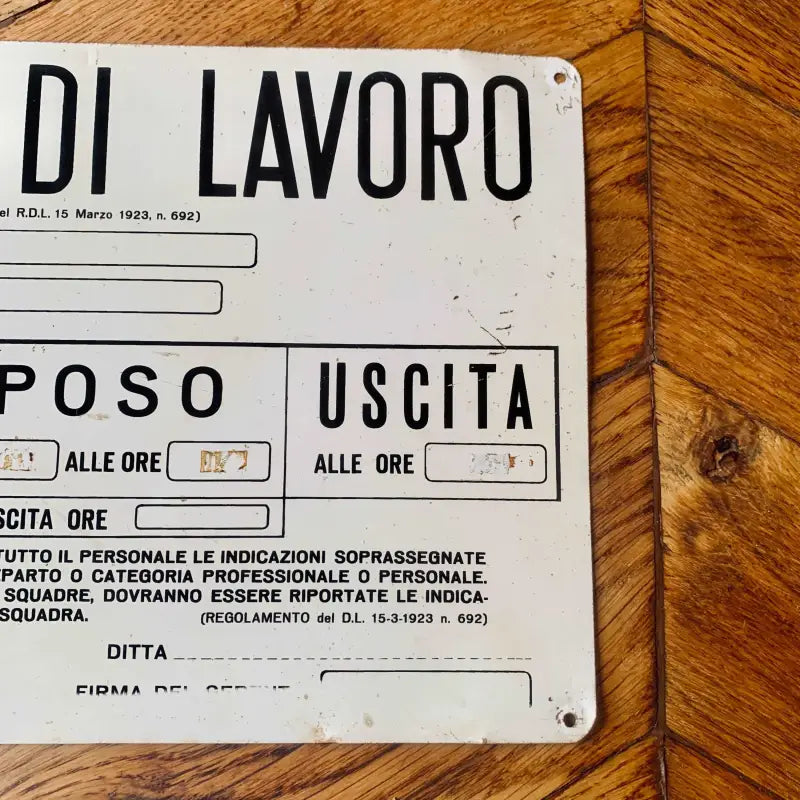 Tabella vintage in metallo ’Orario di lavoro’ - Italia 1980 - Targhe e Insegne