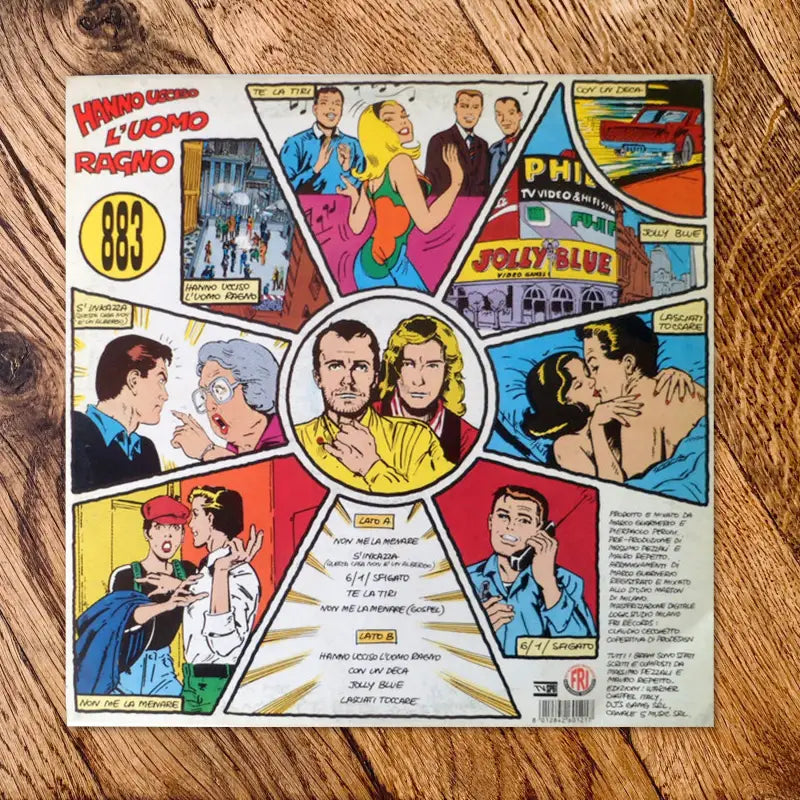 Copertina di un album in vinile vintage con illustrazioni e testi in stile fumetto.