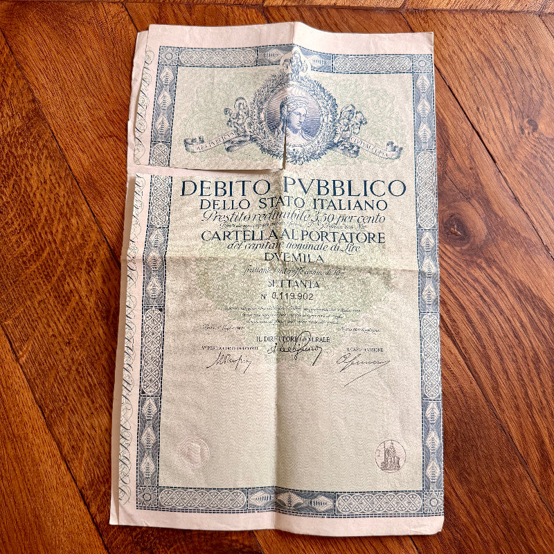 Foglio Debito Pubblico dello Stato Italiano Blu Lire Duemila - Italia 1948
