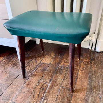 Sgabello vintage in legno con seduta in pelle verde petrolio - Italia 1960 - Sgabelli