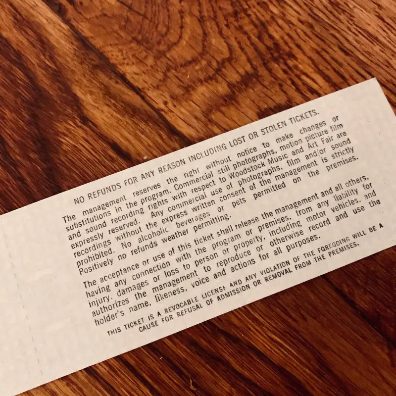 Woodstock 1969 - Biglietto Ticket Ingresso 3 giorni – Dispensa Vintage