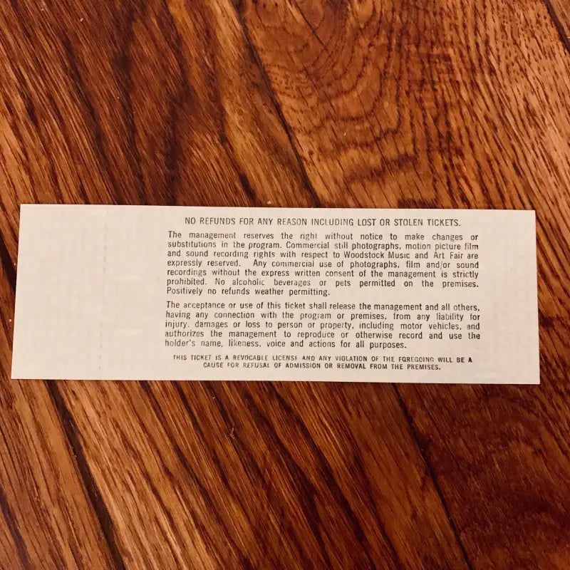 Woodstock 1969 - Biglietto Ticket Ingresso 3 giorni – Dispensa Vintage