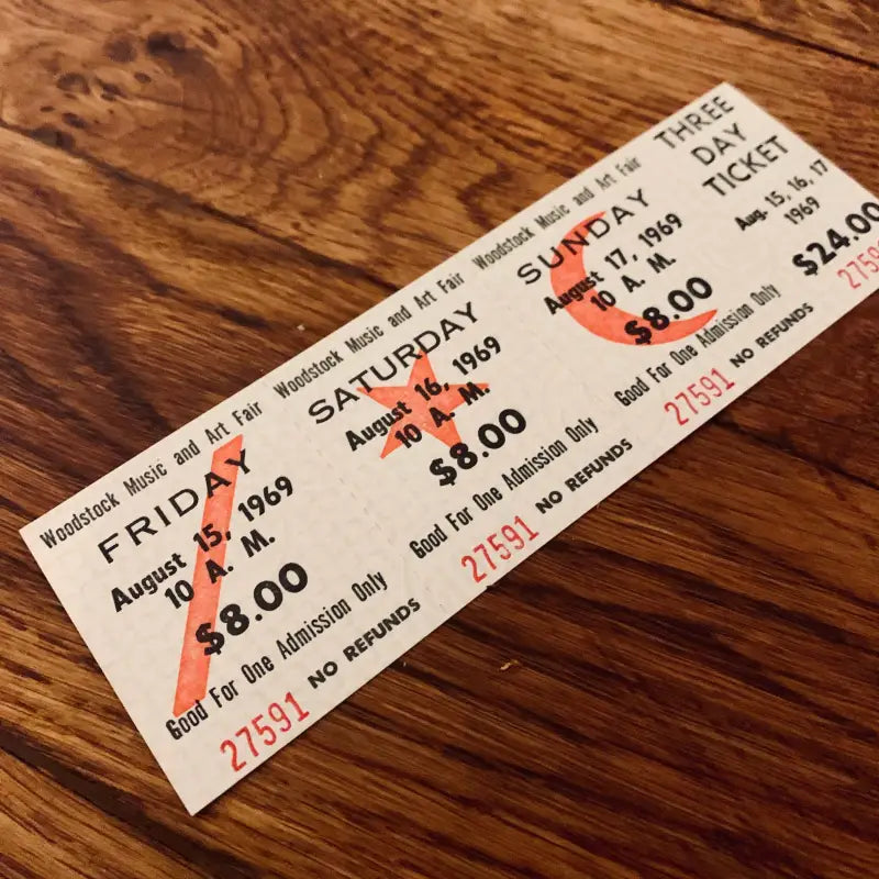 Woodstock 1969 - Biglietto Ticket Ingresso 3 giorni – Dispensa Vintage