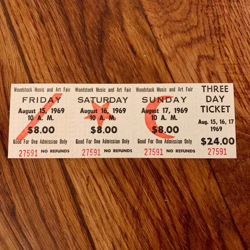 Woodstock 1969 - Biglietto Ticket Ingresso 3 giorni completo Mint - Memorabilia